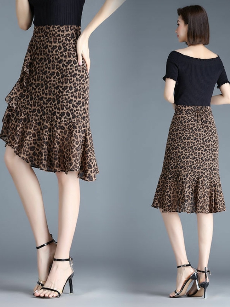 スカート レディース 春夏 シフォンスカート マーメイドスカート フリルスカート ハイウエスト ミディアム丈 ペンシルスカート ひざ丈 きれいめ 大人 おしゃれ お洒落 エレガント ドット柄 ヒョウ柄