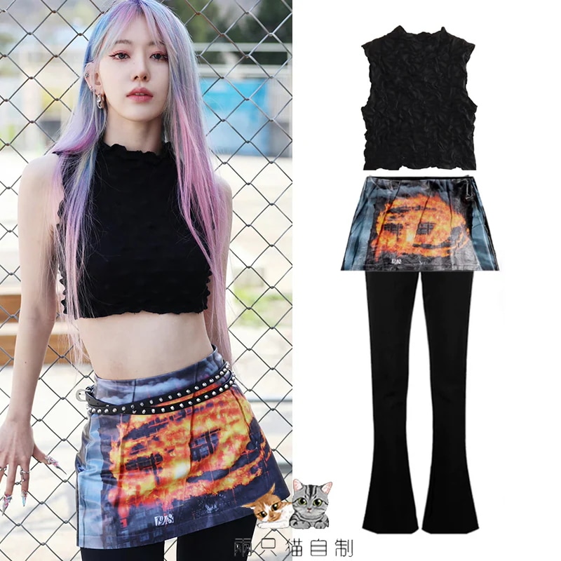 lesserafim宮脇桜堂スタンドカラーノースリーブテクスチャーショートベストファイヤースカート