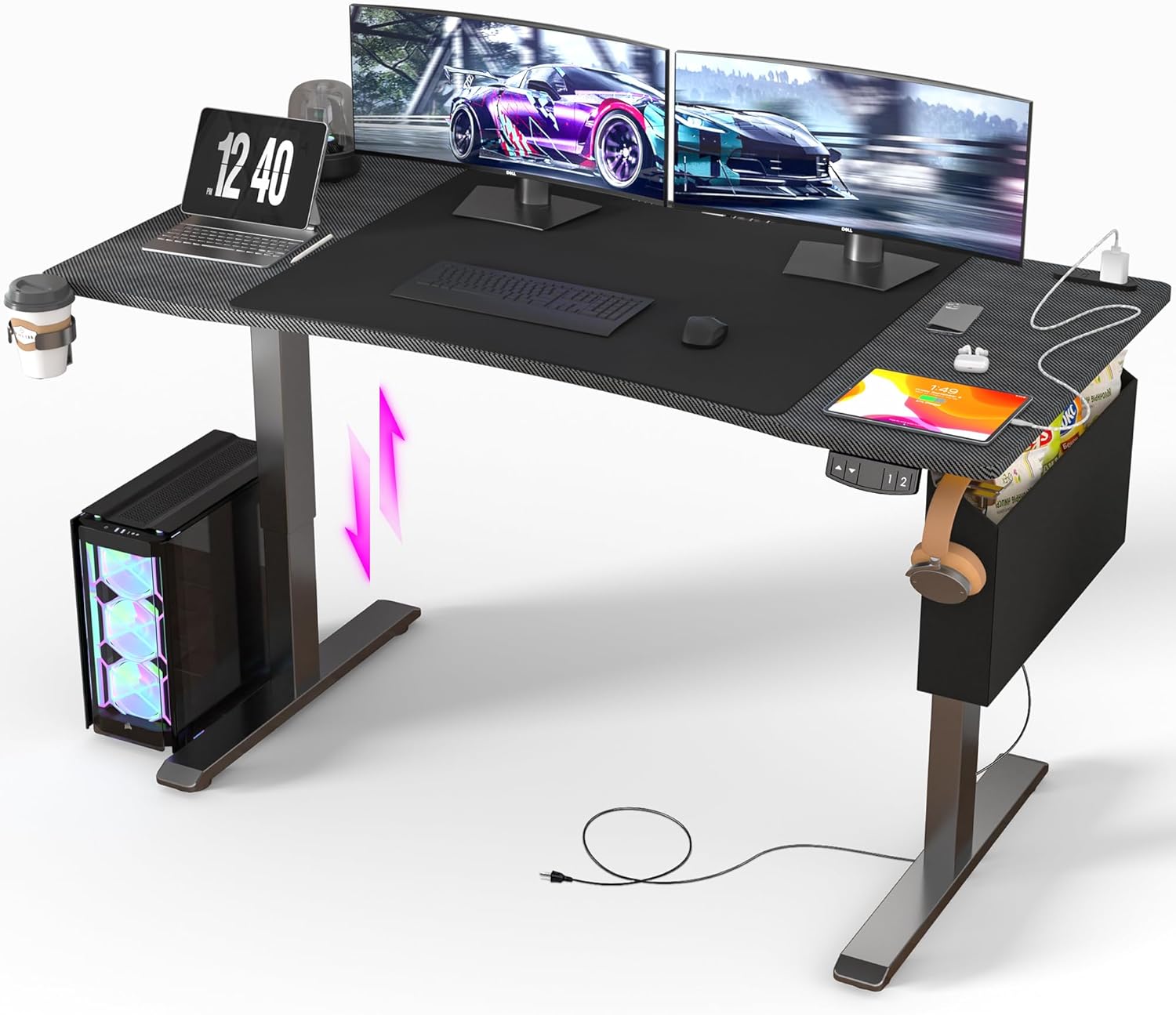 NATURE S SOURCE 【炭素繊維天板・高さ無段階調節】ゲーミングデスク 電動 昇降デスク pcパソコンデスク ロータイプ コンセント/収納袋/マウスパッド/ケーブルマネージャー付き