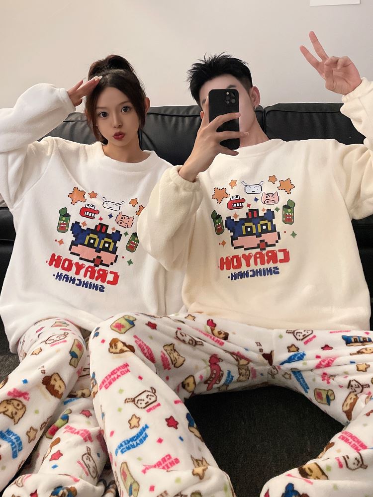カップルパジャマ レディースシーズンコーラルベルベットプラスベルベットクレヨンしんちゃんフランネルホーム服セット