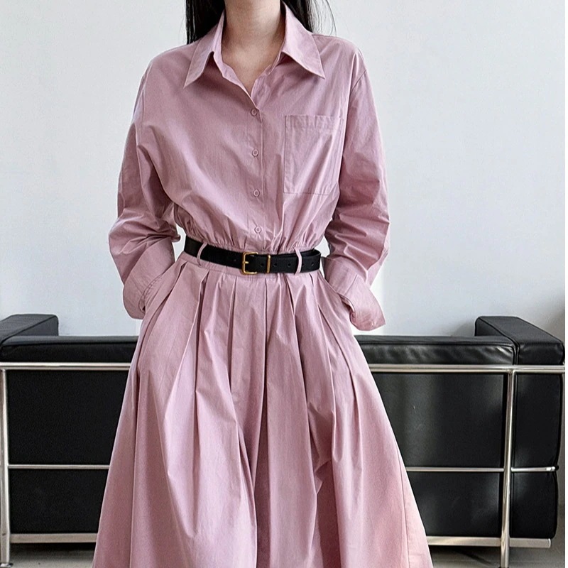 シャツワンピース レディース 春夏 気質 ウエストスリムロングワンピース