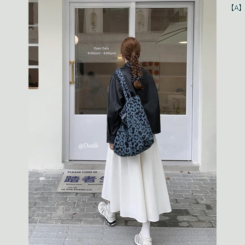 トートバッグ レディース 鞄 韓国 ヒョウ柄 レオパード ロゴ ショルダーバッグ キャンバス 大容量 おしゃれ ブルー グリーン
