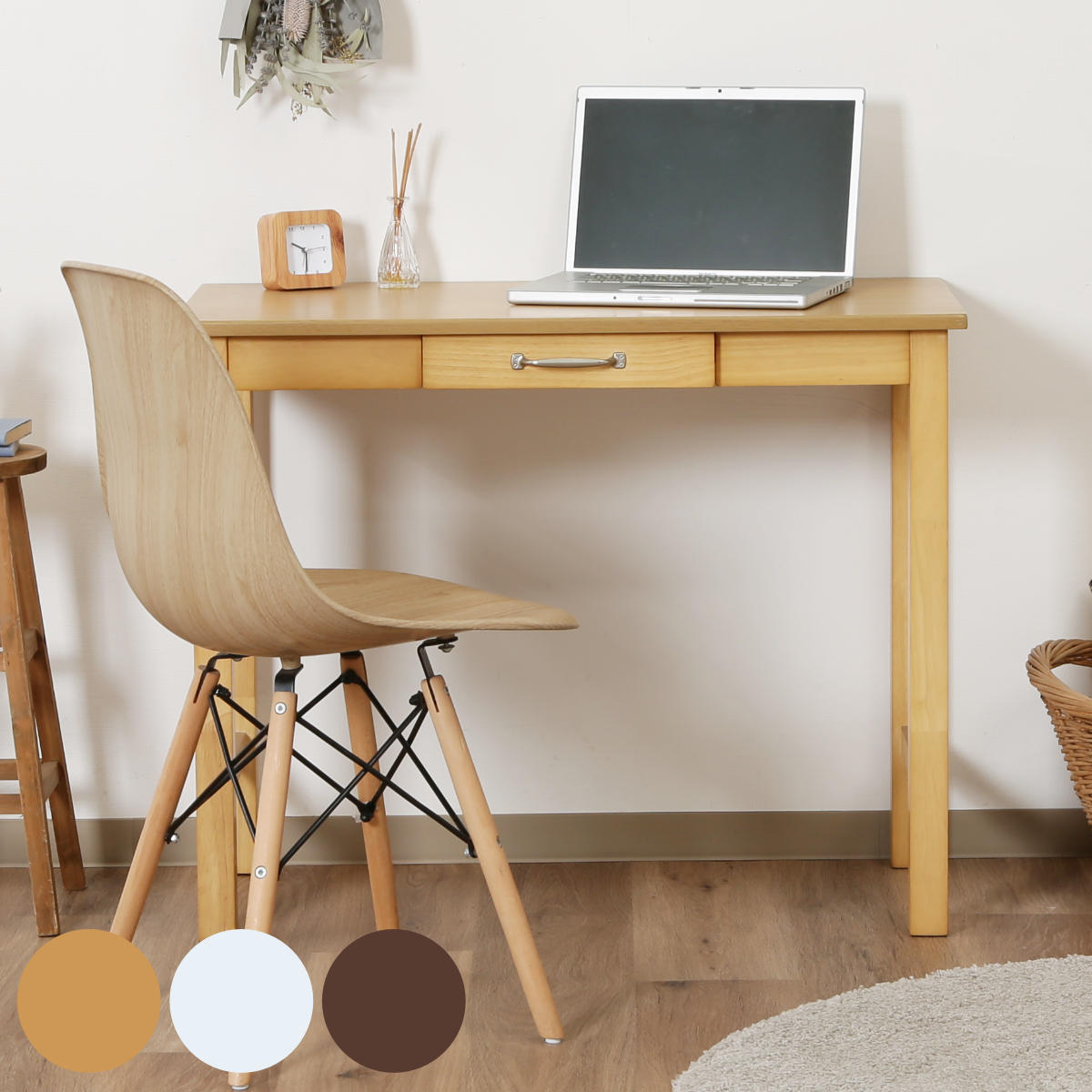 ワークデスク 幅90cm 引き出し付 パソコンデスク スリム コンパクト デスク PCデスク リビング 天然木 木目 木製 北欧 ナチュラル ホワイト ブラウン