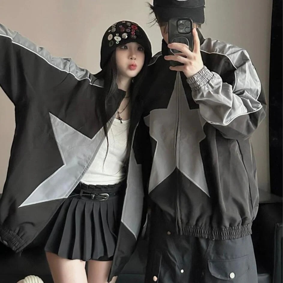 スター ジップ ブルゾン アウター ジャケット ビッグシルエット ゆったり ハイネック スタンドネック スポーティー スポーツミックス メンズライク ユニセックス ペア