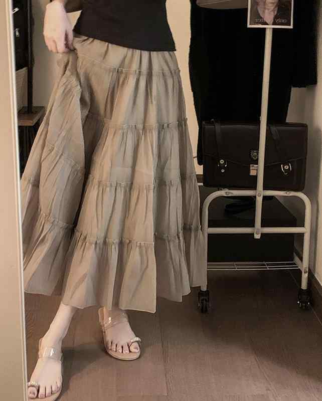 ティアードスカート ロング レディース ボトムス ガーリー マキシスカート フリル ワイド Aライン ハイウエスト 大きいサイズ 春秋 カーキ ホワイト ブラック