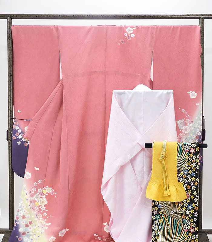 振袖 長襦袢 セット 正絹 5点セット 梅 桜 身丈176.5cm 裄丈70.5cm 袋帯 長襦袢 帯締め 帯揚げ 振袖セット 良品 リサイクル 中古 着物 e4166