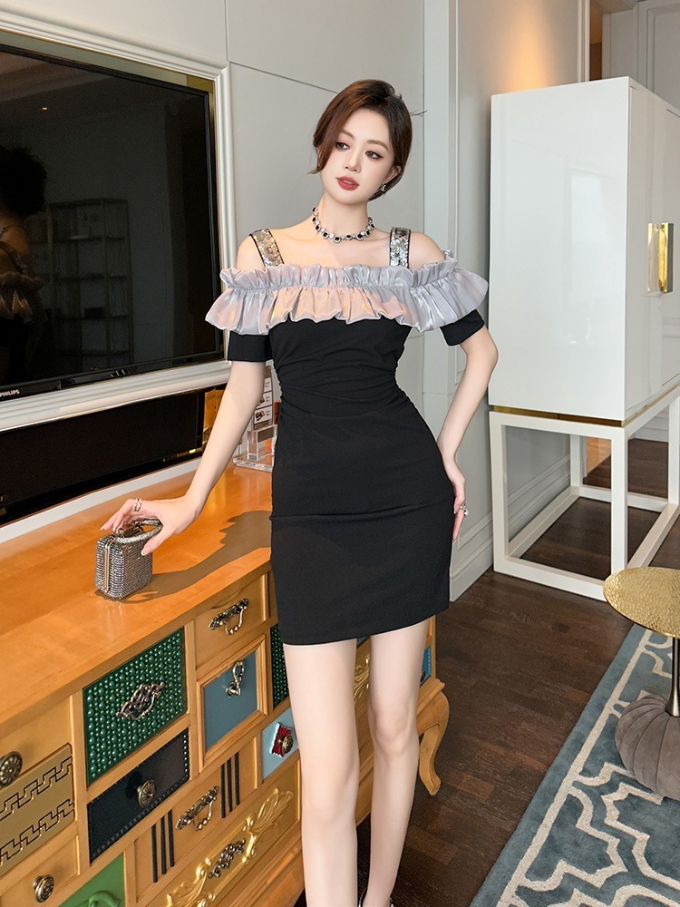 【JY.上品】 2025夏新品 フリル オフショルダー ショート セクシー タイト ドレス パーティー キャバ 大人 同窓会 披露宴 卒業式 結婚式 演奏会 ウェディング 二次会 メガ割