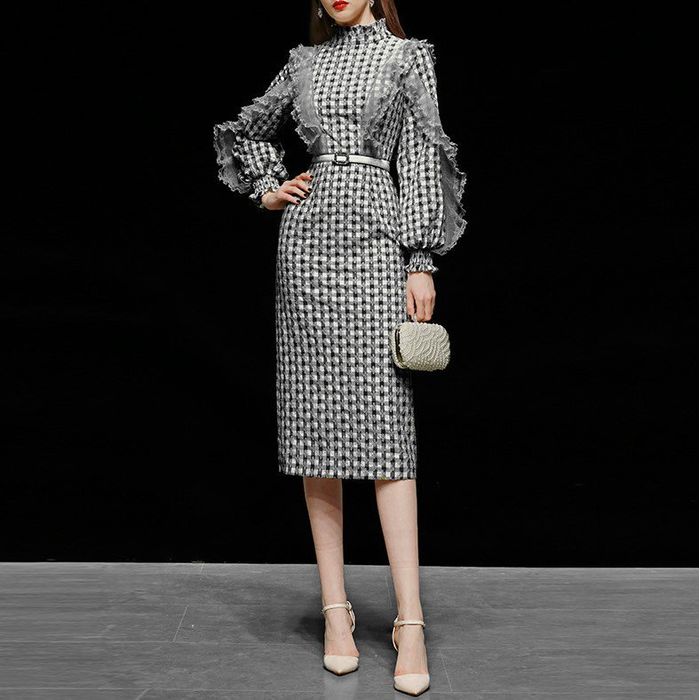 パーティードレス韓国おしゃれ個性的お呼ばれ上品結婚式二次会謝会可愛い膝丈ブラックワンピース長袖S/M/L/XLプチプラ海外ガーリー102030デート婚活フォーマル人気女子会ホワイトグレー