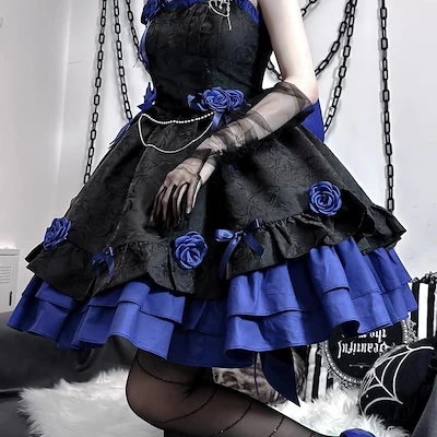 ロリータサスペンダードレス ロリータツイン ブラック レッド ブラック ブルー ダークゴシック風