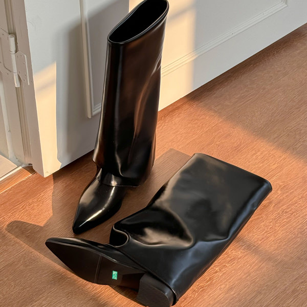 ロングブーツ レイヤードブーツ ポインテッドトゥ レザー スエード フラット レディース ローヒール 黒 白 ブラック ホワイト 歩きやすい 靴 婦人靴 韓国