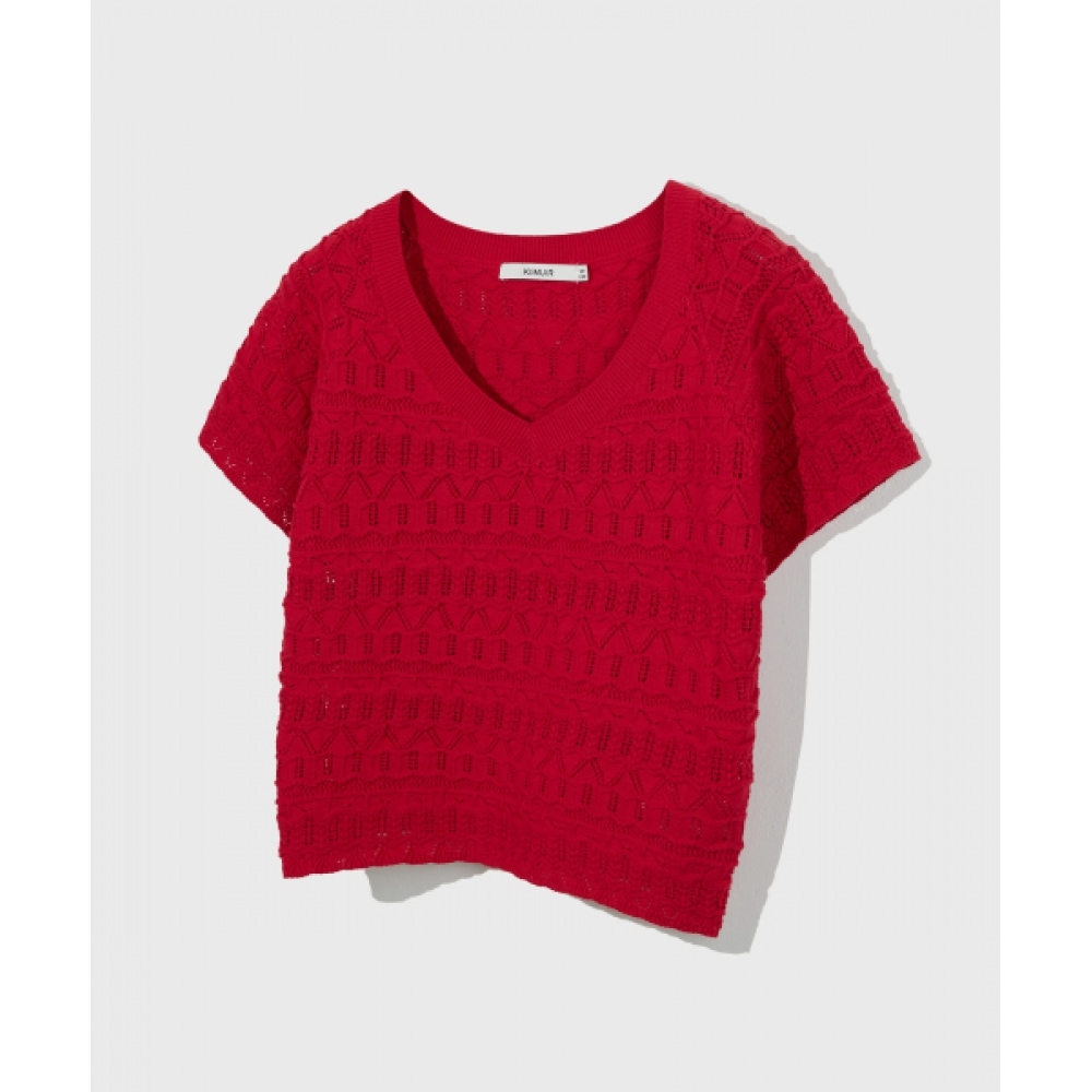 KIIMUIR (レディース) SCSI Vネックショートスリーブニット_レッド