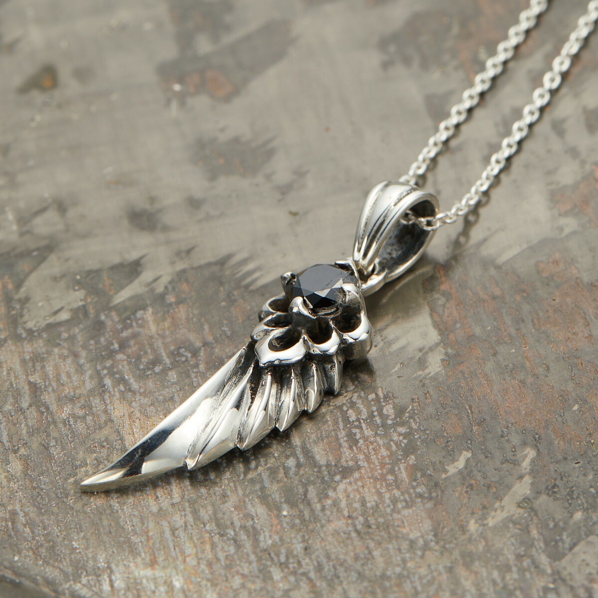 ネックレス メンズ シルバー925 ブラックキュービックジルコニア フェザー 一石 ワンストーン