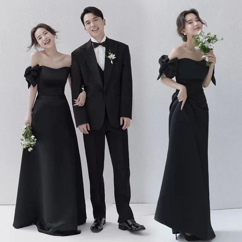 パーティードレス ドレス フランスの軽い結婚式の黒いサテンのカップルの写真の弓のドレス 花嫁ロングドレス 成人式 演奏会 発表会 卒業式 ドレスワンピース ロングドレス