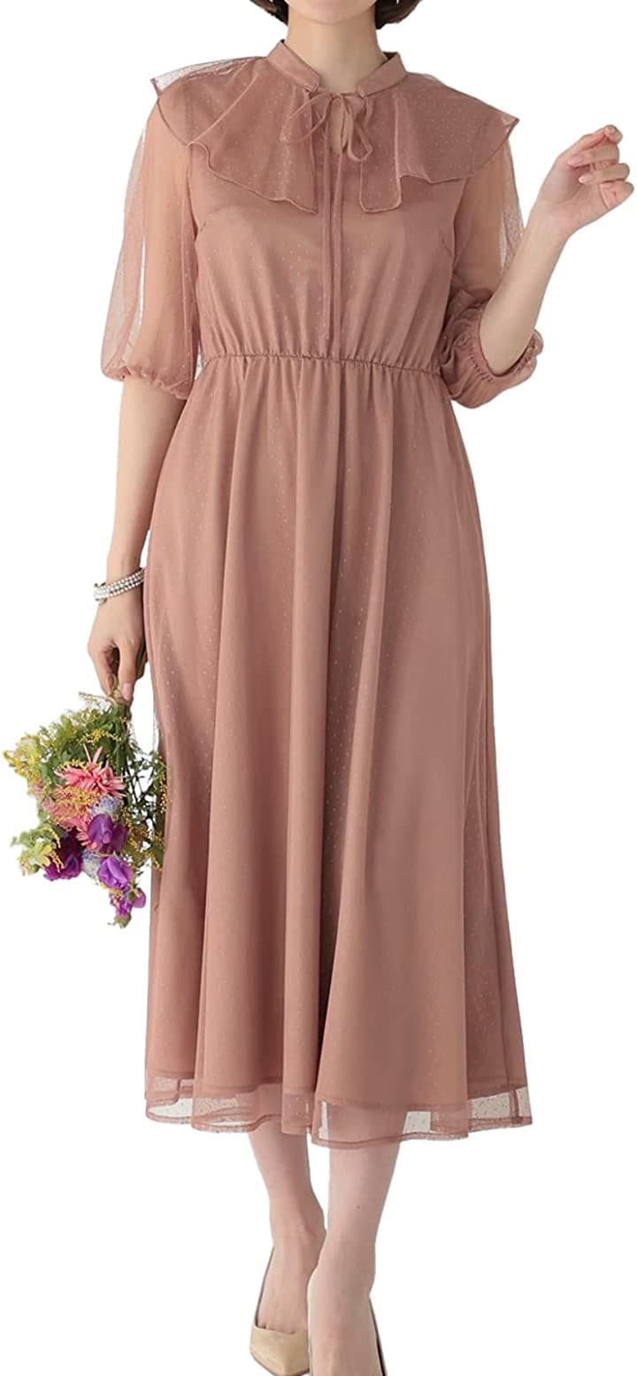 パーティ ワンピース ドレス レディース ケープ襟付き ドットレース 結婚式およばれワンピース パーティードレス フォーマル 大人 オトナ( ピンクベージュ / 322189, S)