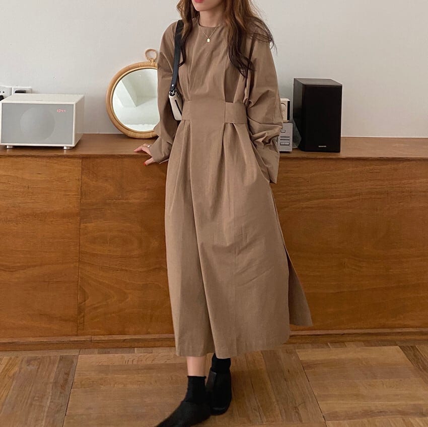 ワンピース 上着 人気 おすすめ おしゃれ お洒落 激安 安い プチプラ 長袖 ロング ラウンドネック 丸首 ふわふわ パフスリーブ ふんわり Aライン 無地 コットン 綿 ポリエステル l