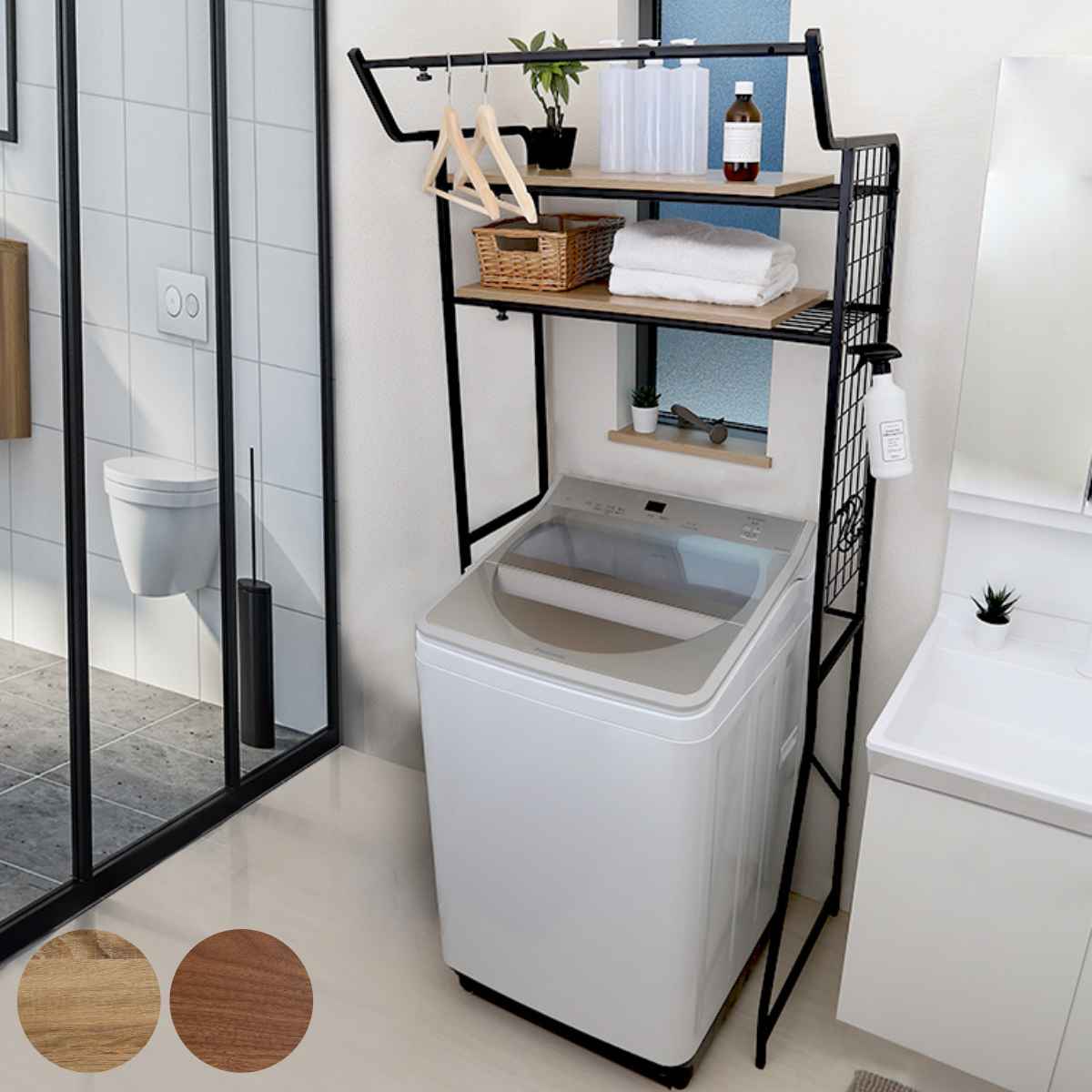 ランドリーラック 2段 棚板タイプ ランドリー ラック 縦型 スリム 収納 洗濯機ラック ブラック おしゃれ ランドリー収納 脱衣所 洗面所 衣類収納 木 洗濯機 伸縮 洗濯機収納