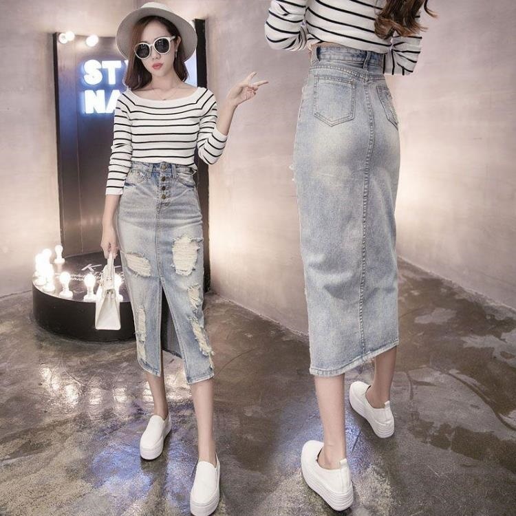 3177.ミモレ丈 カジュアルなデニムスカート（ブルー）2019 春夏 タイトスカート ダメージ 普段使い 大きいサイズ