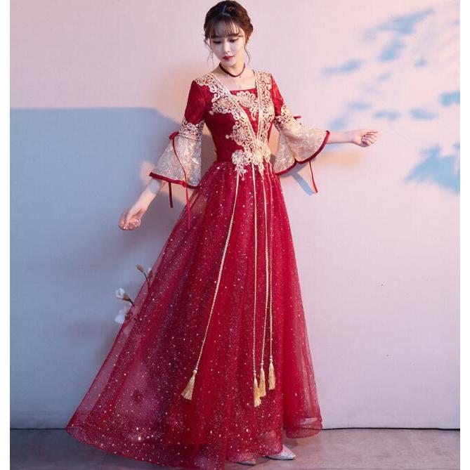 パーティードレス ロング丈 七分袖 フリル袖 ロング ドレス 金色な花 刺しゅう スパンコール きらきら ロング丈 チュチュドレス 結婚式 二次会 パーティー ドレ30%までに制限