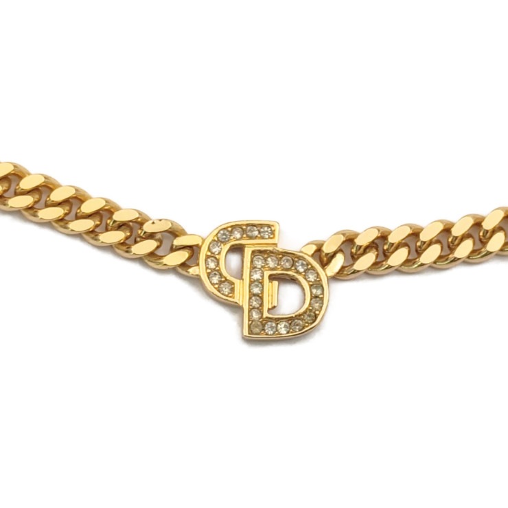 Christian Dior クリスチャンディオール ネックレス CDロゴ 喜平 ネックレス - イエローゴールド メタル ラインストーン レディース チェーン【本物保証】