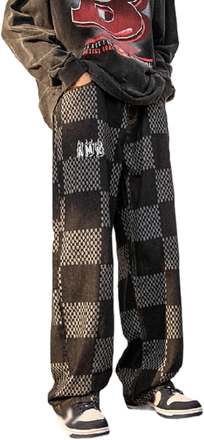 ジーンズ デニムパンツ ロングパンツ メンズ ルーズ 切り替え チェック柄 ワイド ビックサイズ 大人 男子 スポーツ ファッション 厚手 ストリート系 カッコイイ 秋物 秋冬 カジュアル アメリカン