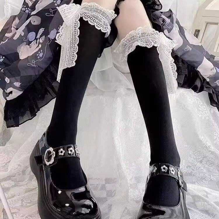 【超お得1つ買うと10個もらえる】メガ割ソックス 靴下 レディース ソックス レディース レース ミッドカーフ ソックス ボウノット スウィートガール カーフソックス JK リトルレザーシューズ