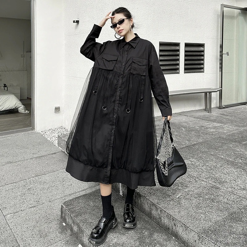 チュールドッキング おしゃれ ロングワンピース 個性的なデザイン レディース シャツワンピース