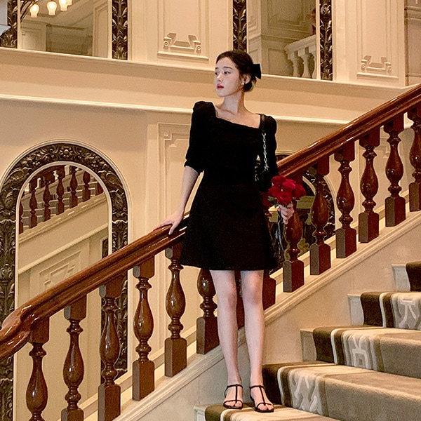 (デート/ゲストルック) マルセラ リボンポイント 7分袖 スクエアネック ミニワンピース op15969