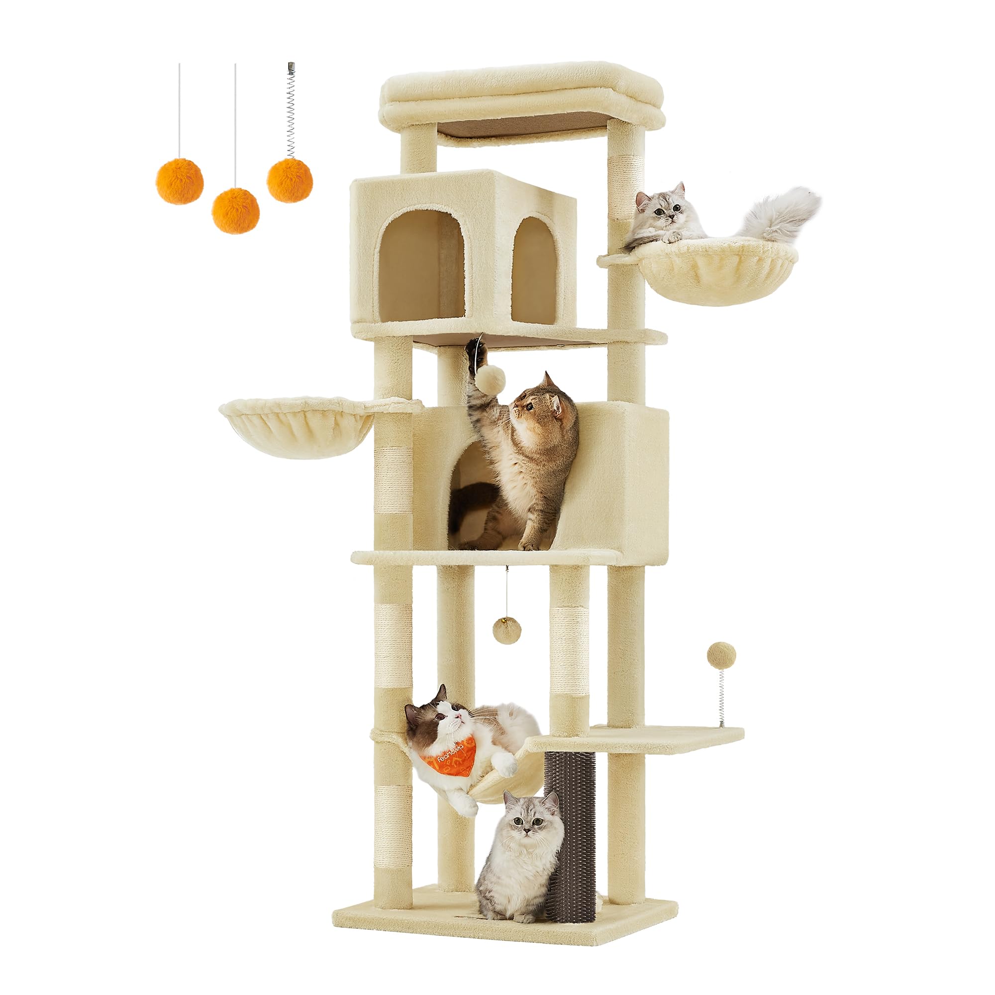 FEANDREA キャットタワー 猫タワー スリム 大型猫用 多頭飼い 据え置き 登りやすい 省スペース ハンモック 見晴台 ねこハウス ボンボン 天然麻紐 高さ175cm 猫用キャットタワーが新登場