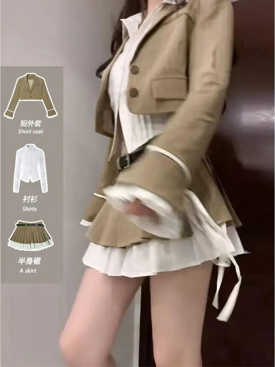 涼しく楽ちんセット2024 韓国ファッション アメリカンブレザーショート丈ジャケットカレッジ風スーツハイウエストプリーツスカート 新作 制服 ファッションアップ セットアップ レディース
