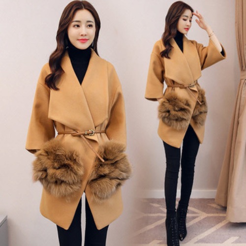 ボリューム満点フォックスファーポケット+ウールコート ロング A2093 6,623円