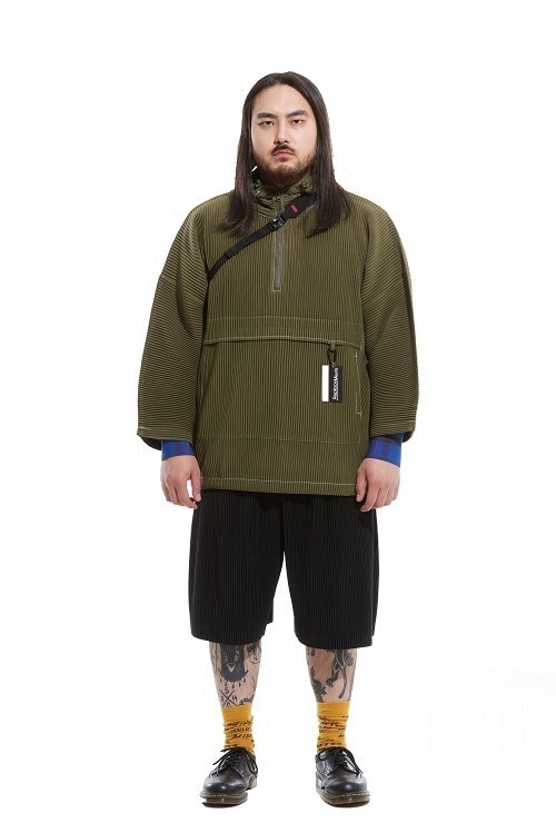 プリーツ コントラスト ステッチ アノラック KHAKI ユニセックス プリーツジャケット プリーツパンツ しわ オムプリーツ プリーツプリーツ