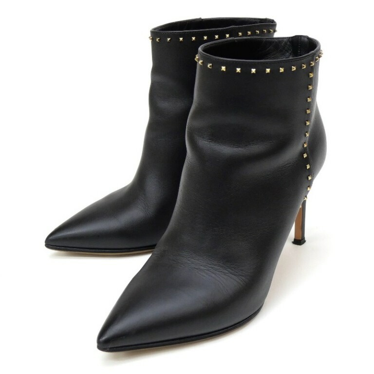 VALENTINO ロックスタッズ アンクルブーツ ブーティ ピンヒール 黒 レザー 36 【中古】(63828)