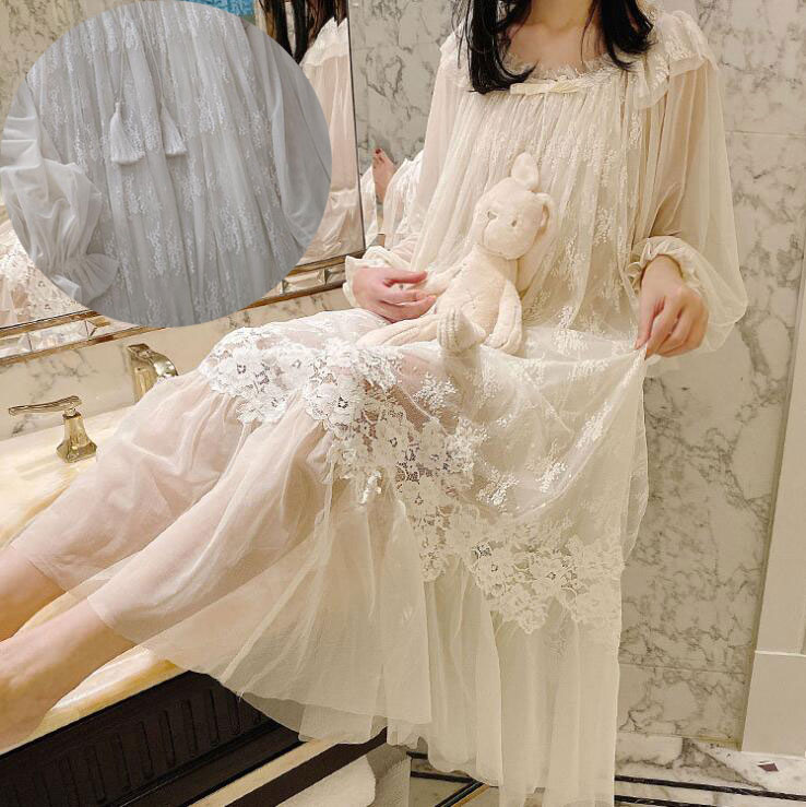 レースネグリジェ お姫風ネグリジェ レディースロングネグリジェレースナイトウェア可愛い部屋着ナイトドレスルームウェア チュール 透明感 花柄レース 寝間着 肌着 裏地あり ホワイト S-LL