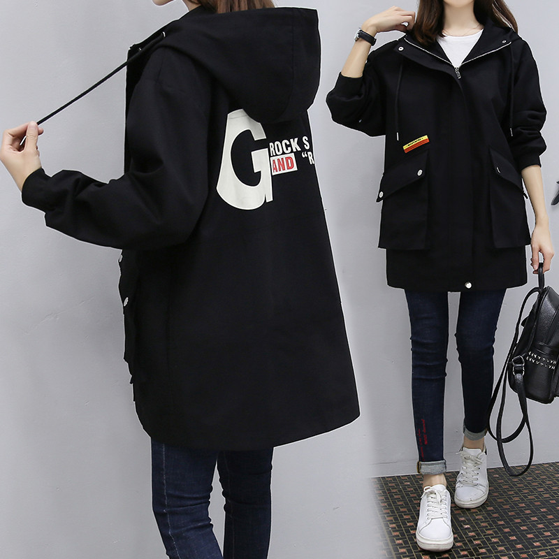 マウンテンパーカー ウィンドブレーカー ブルゾン オーバーサイズ バックプリント ミドル丈 長袖 アウター 春 秋 韓国 原宿系 ブラック グレー ファッション 大きいサイズ 30代 40