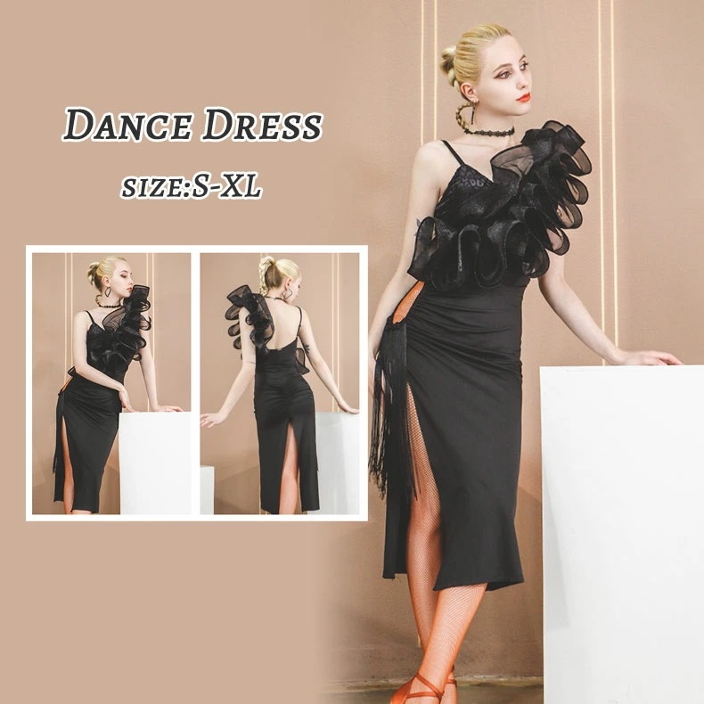 超目玉新品 サルサ 衣装 ラテンドレス 社交ダンス衣装 モダンドレス スタンダードドレス ラテンダンス チャチャ サンバ スリム ブラック ミモレ丈 豪華 レス ステージ衣装 レディース ドレス 出演