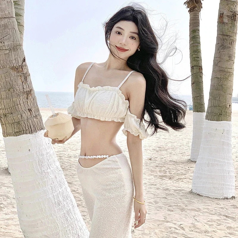 ハイエンドのセクシーな純粋な欲望スタイルのバンドゥビキニスプリットロングスカート女性用スリーピース休暇水着 女の子 水着 レディース 可愛い 大きいサイズ 大人用 水着 体型カバー ラッシュガード ス