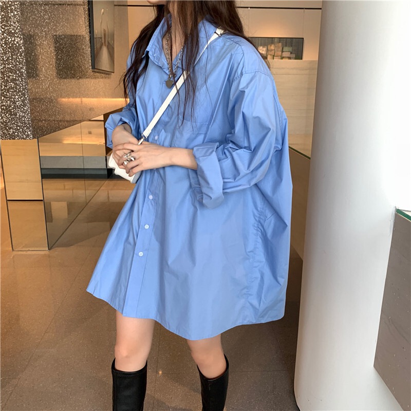 レディース トップス シャツ ゆったり シンプル ロング丈 カジュアル キレイめ チュニックシャツ 体型カバー 羽織 長袖 青 ブルー 大きいフリーサイズ 20代 30代 40代 通勤