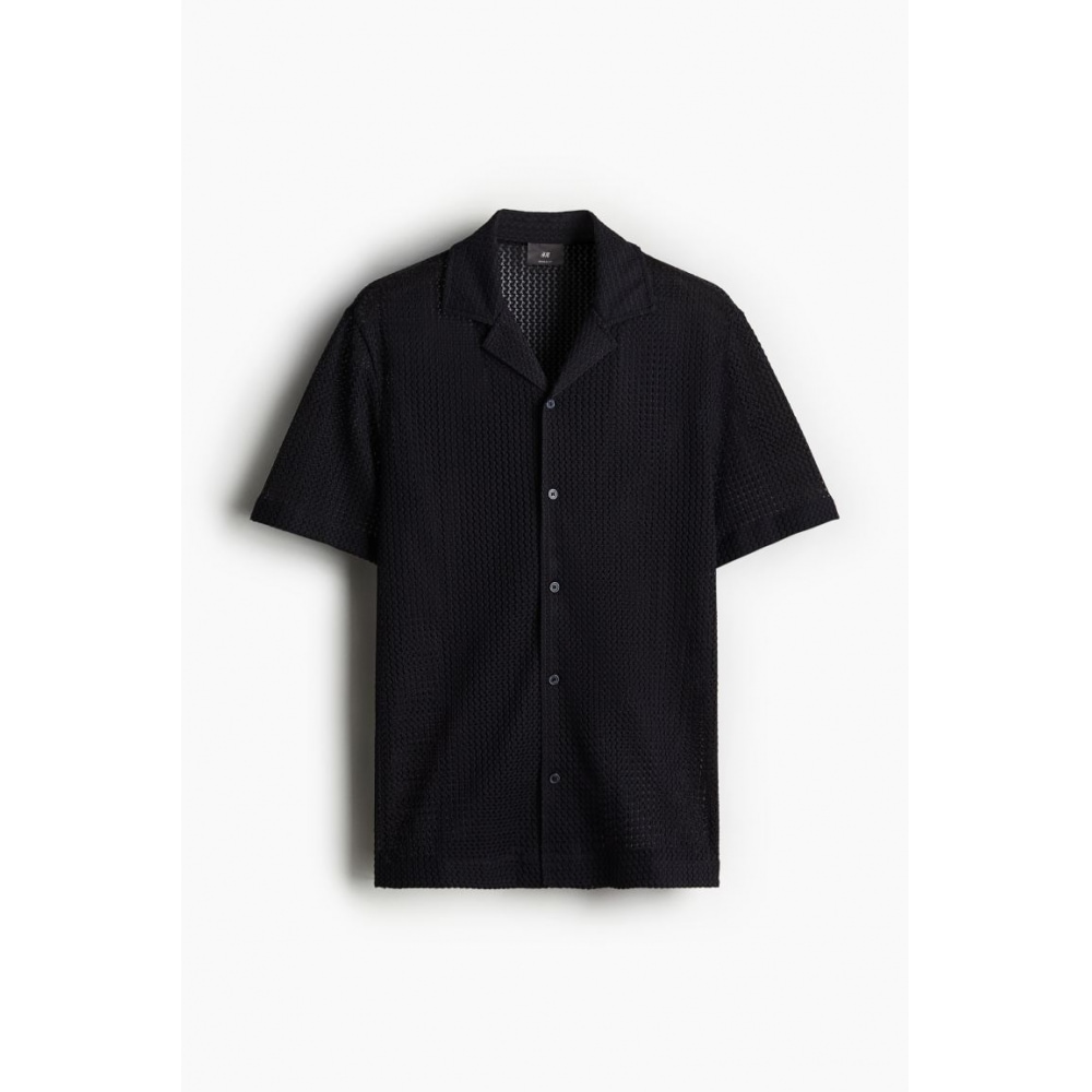 H&M レギュラーフィットテクスチャードニットキャンプシャツネイビーブルー