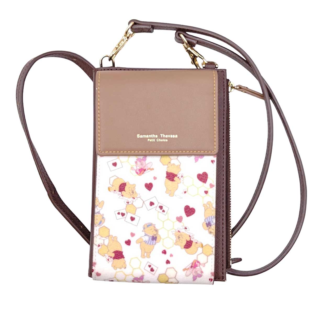 【中古】サマンサタバサ プチチョイス くまのプーさんコレクション レター柄スマホショルダー ブラウン カードポケット 札入れ Samantha Thavasa Petit Choice