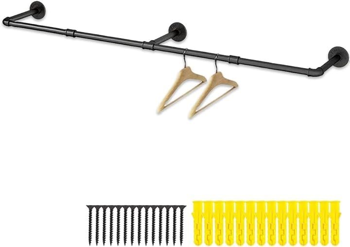 ハンガーパイプ オシャレな アイアン ラック 壁付け (ブラック, 183cm)