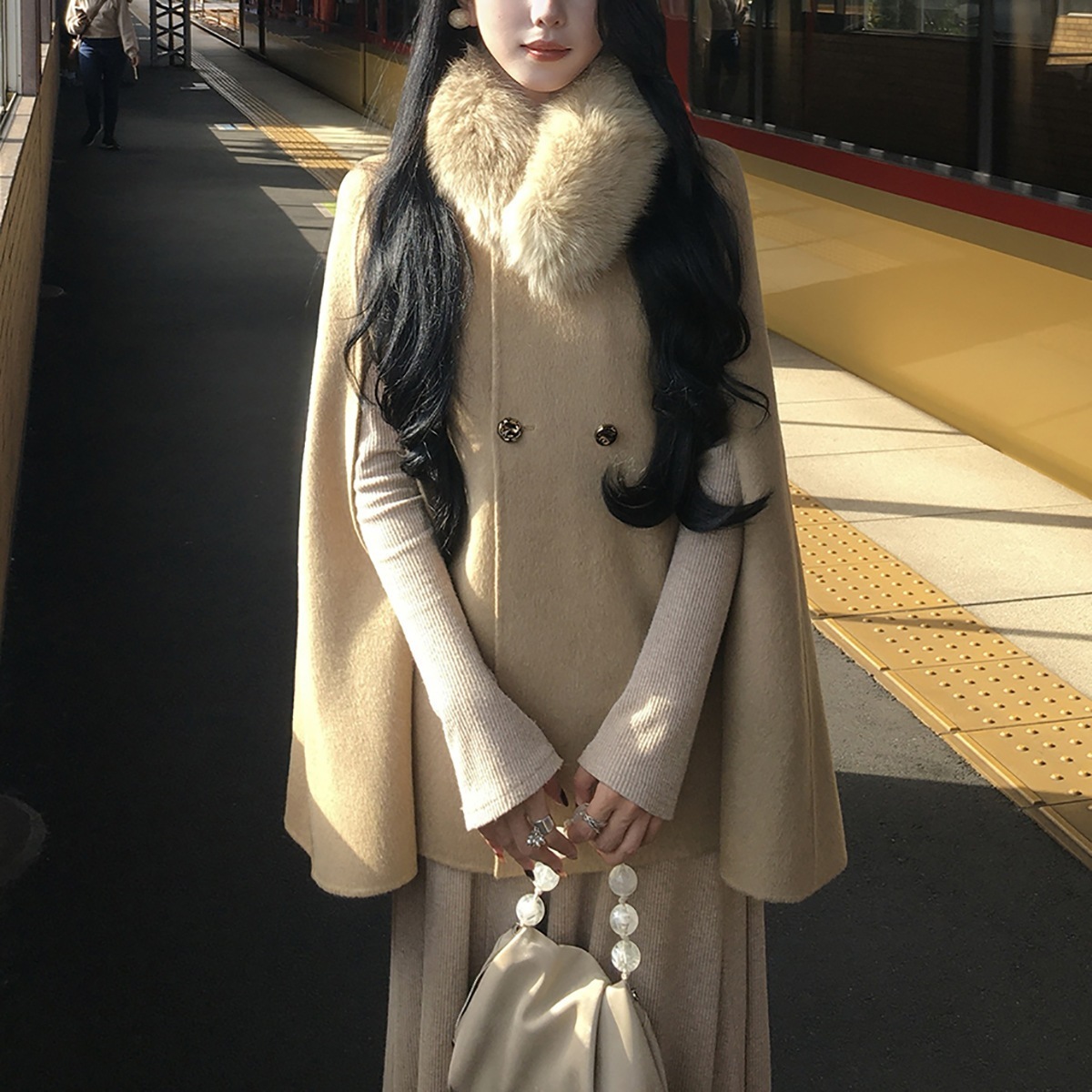 【Heiress s Wool】ダブルフェイスウールケープコート秋冬新作スタイルファーカラー付きショート丈ウールコート