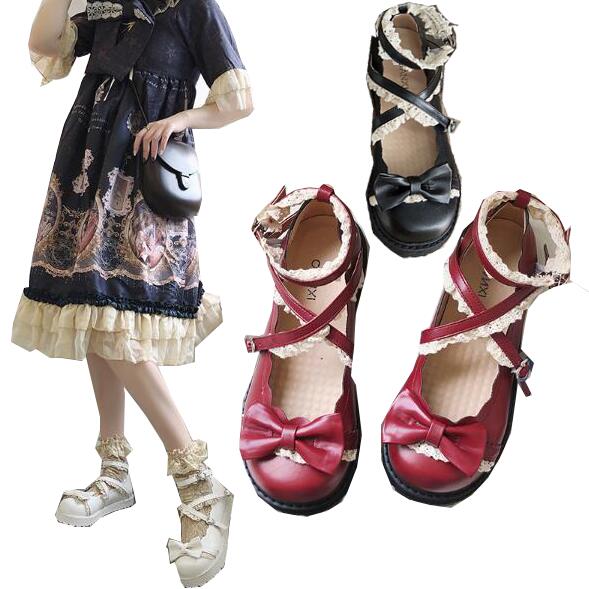 【超人気商品】リボン日系パンプス　ストラップ　レース　ロリータシューズ　森ガール　3色　可愛い　革靴　lolita　メイド靴　お嬢様 ゴスロリ靴　厚底　コスプレ 通学