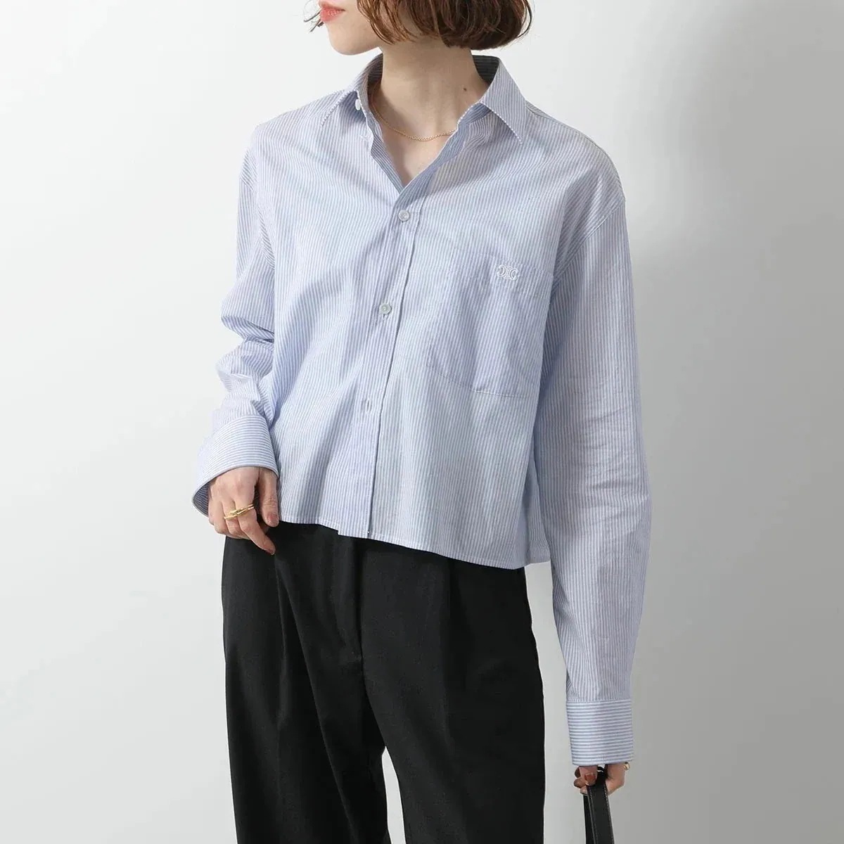 CELINE セリーヌ シャツ 2C837466X.01JP レディース 長袖 ブラウス クロップド ストライプ 胸ポケット トリオンフ ロゴ 刺繍 コットン