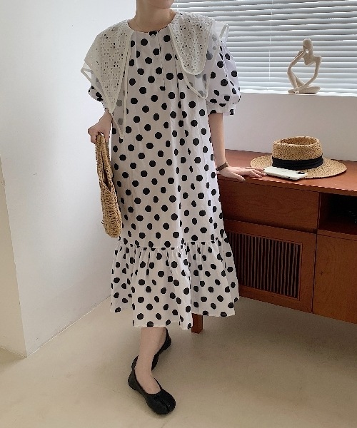 レディース ワンピース マタニティウェア フレア ロング 半袖 パフスリーブ ラウンドネック 襟付き ビッグカラー フレア セミフレア アシンメトリー 裾ワイド レース フリル バイカラー 6,494円