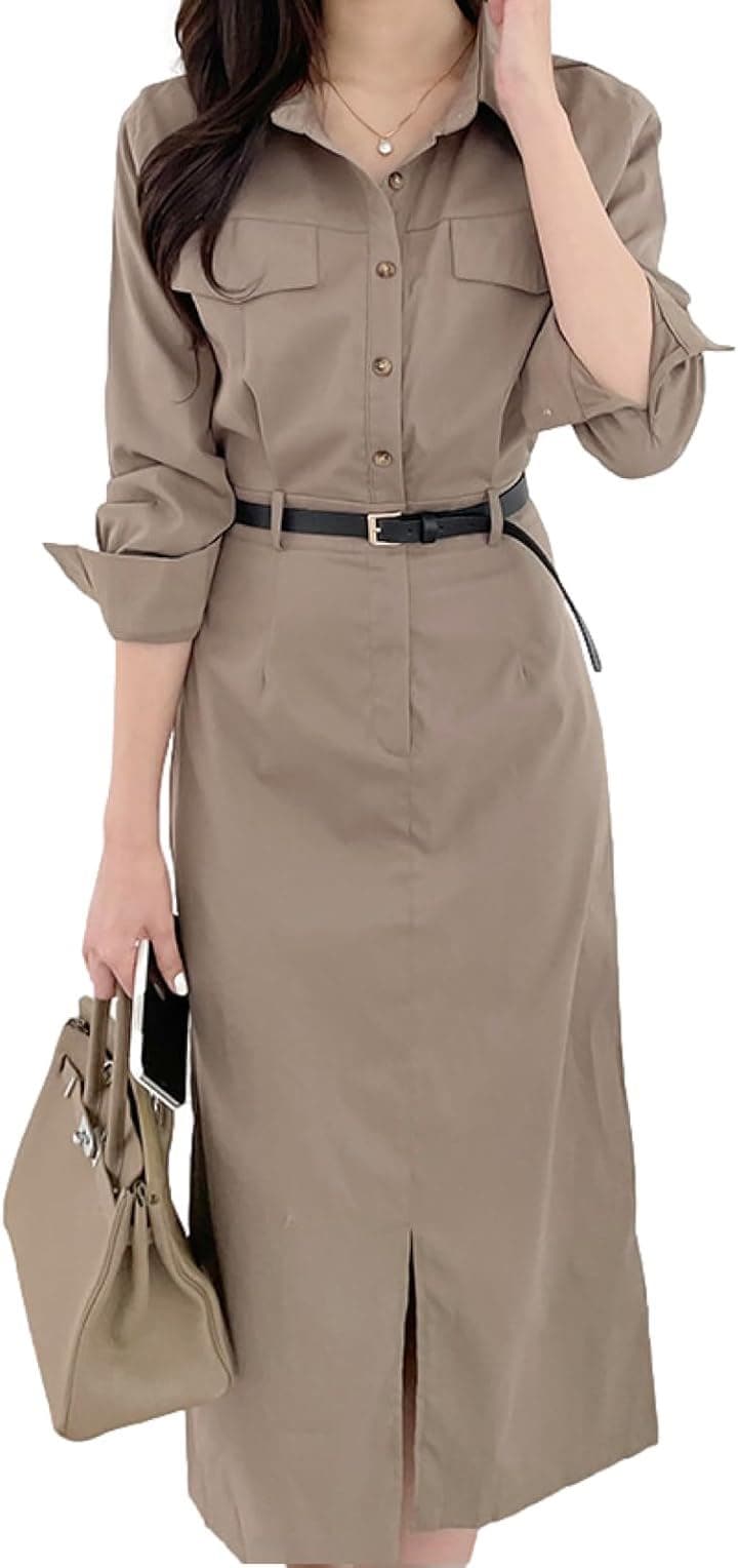 ワンピース レディース 春 秋 膝下 丈 きれいめ トレンチ スリット BN234 DBEG (ダークベージュ, Free Size)