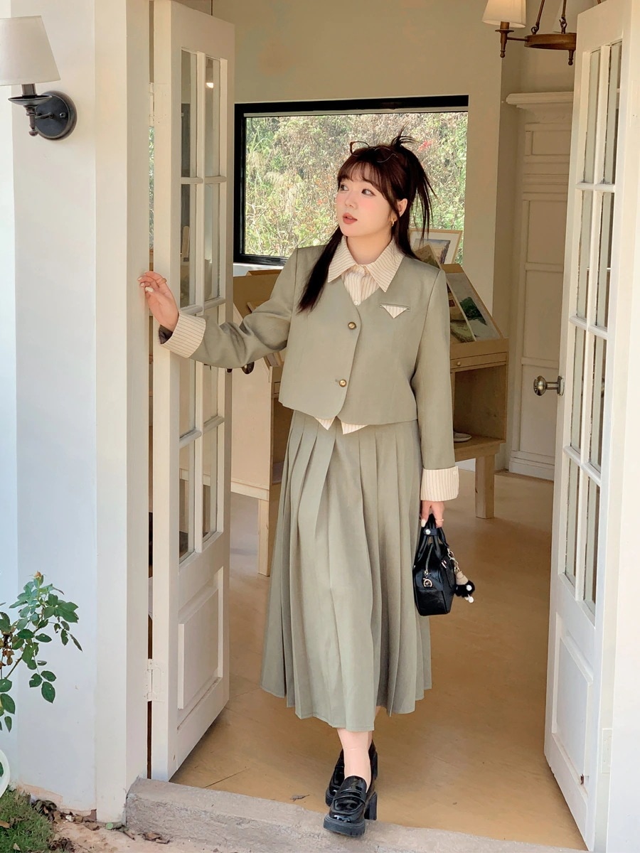 【ぽちゃまに】 春 制服 上下セット トップス＋スカート 大きいサイズ 学院風 JKセット 体型カバー レディース セットアップ メガ割30%までに制限 7,574円