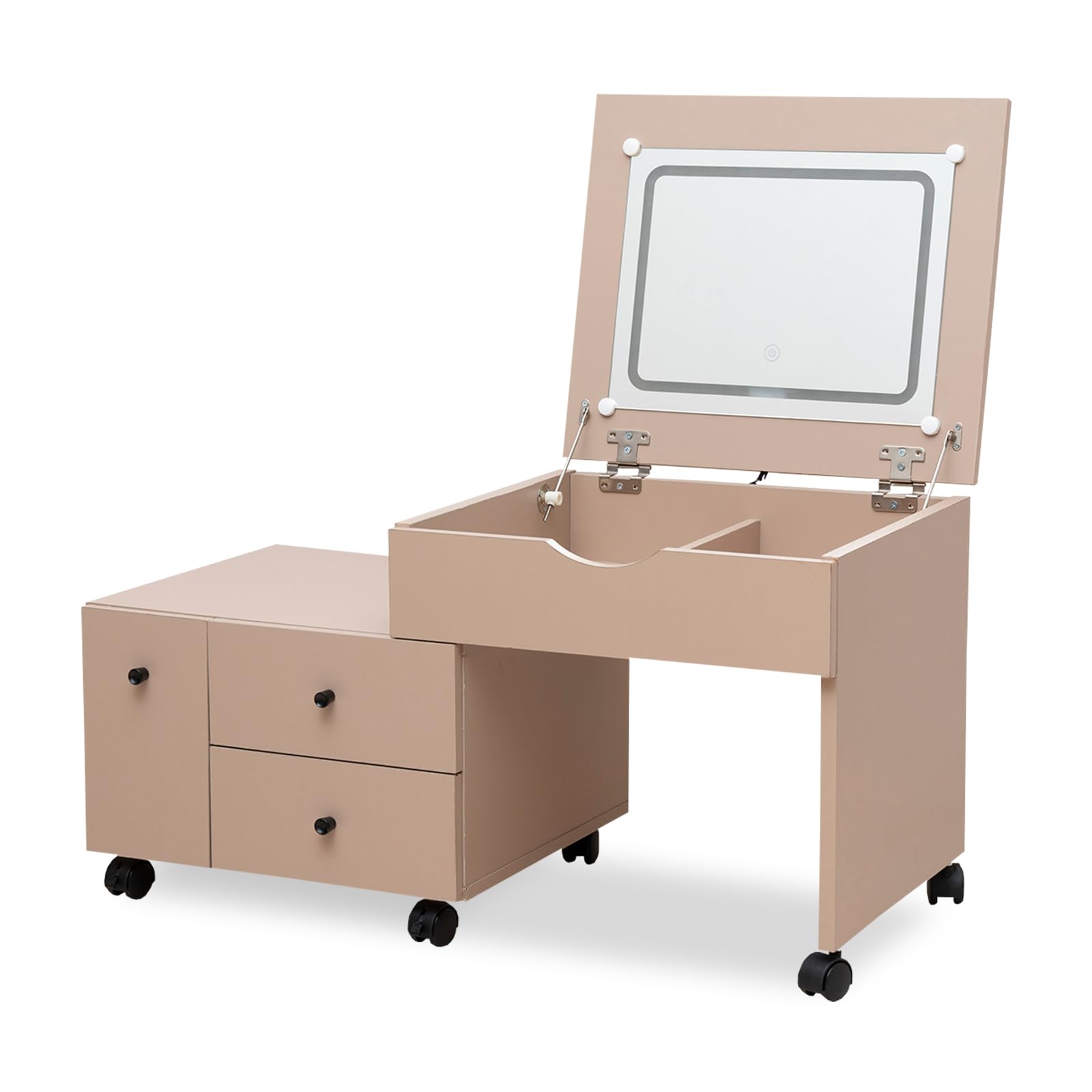 LEDライト付き ドレッサーテーブル 伸縮 完成品 幅48～85 コンパクト キャスター付き ホワイト