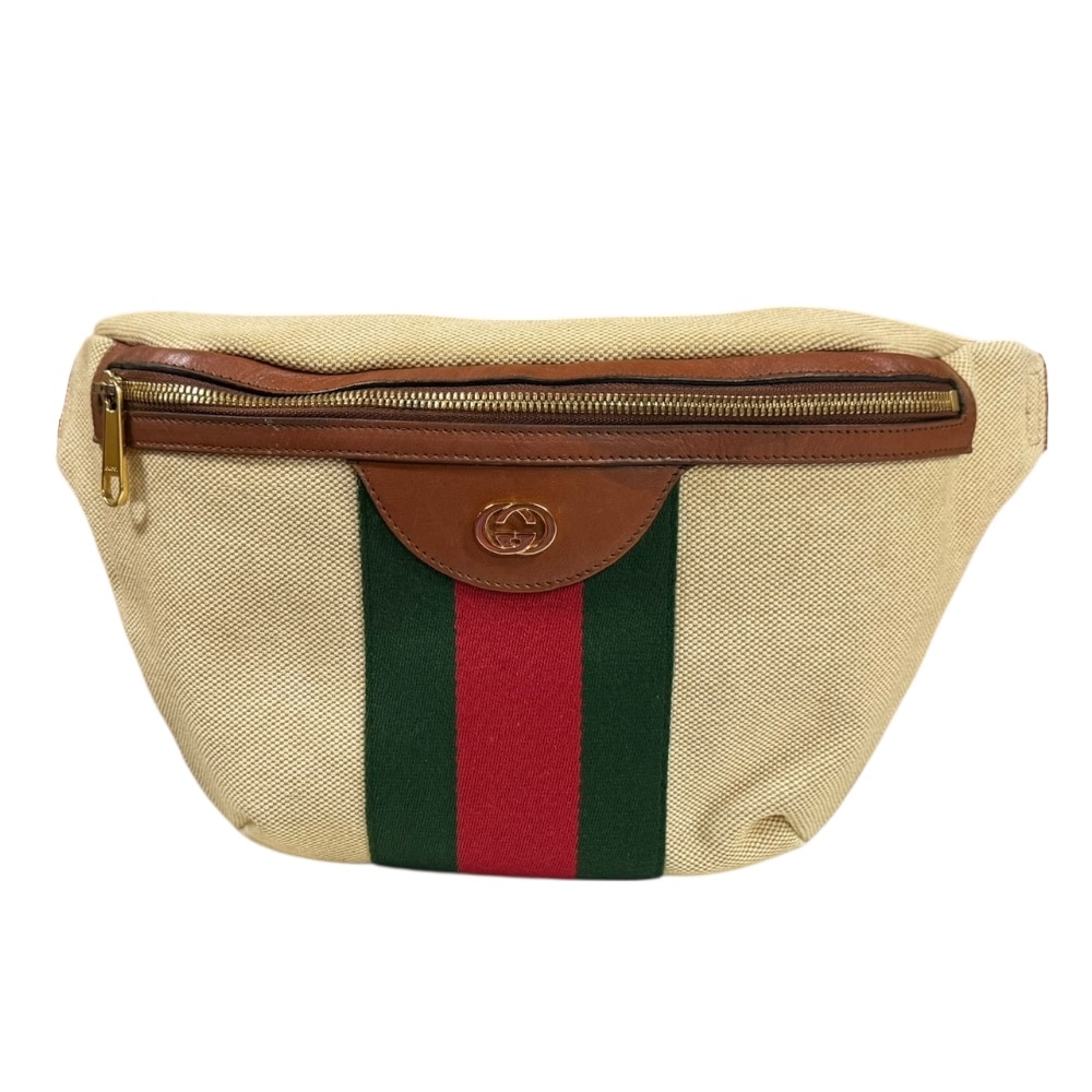 グッチ ヴィンテージキャンバスベルトバッグ シェリーライン ウエストバッグ キャンバス 575082 ベージュ GUCCI 中古