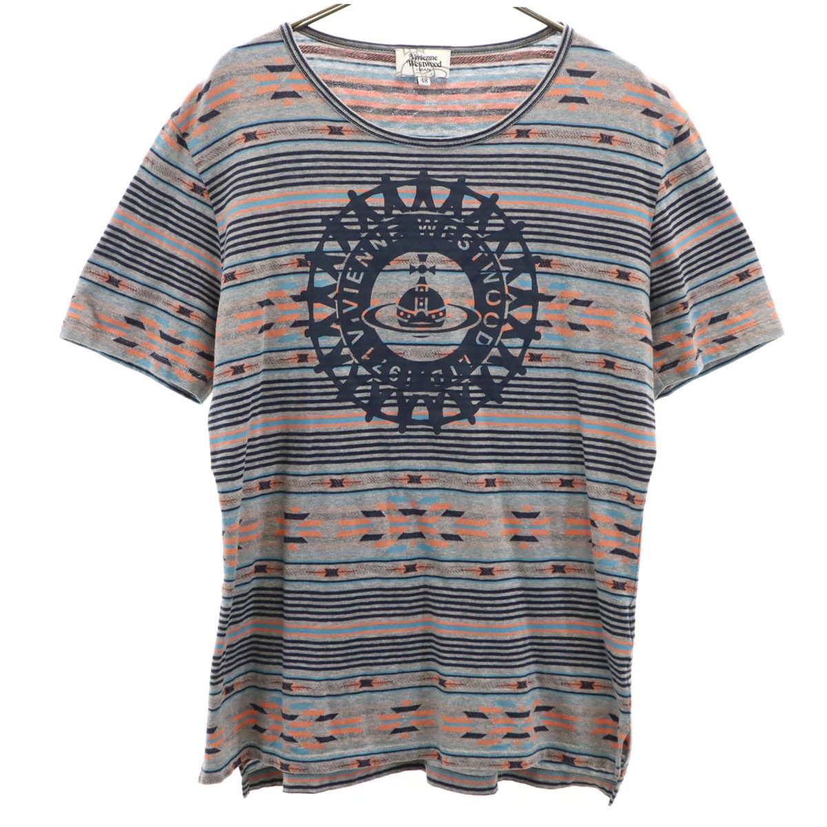 Vivienne WestwoodMAN ヴィヴィアンウエストウッドマン 日本製 ボーダー柄 オーブロゴ 半袖 Tシャツ 48 グレー メンズ 古着