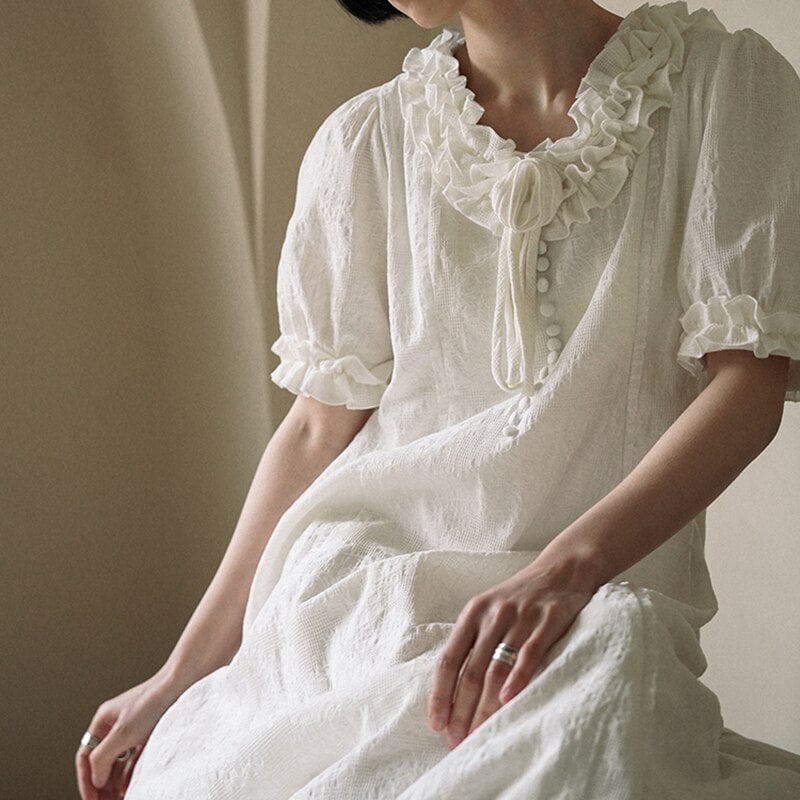 半袖ワンピース 夏 ロング ワンピース 白 手つくり立体花 全棉ジャカード